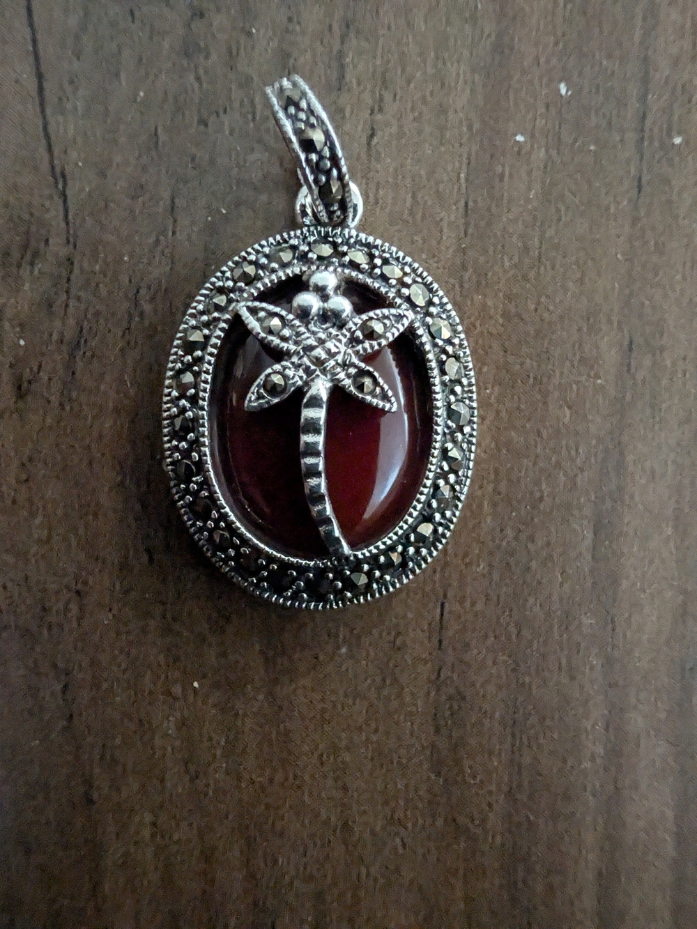 Sterling Silver 925 Oval Dragonfly Pendant Red Carnelian Bezel Marcasite Accents